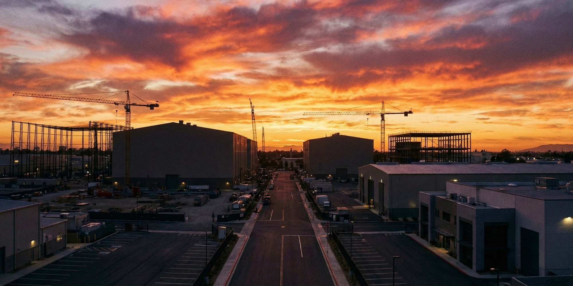 Film production sound stages and cranes silhouetted against a dusk sky, representing the industrial infrastructure of a modern film industry