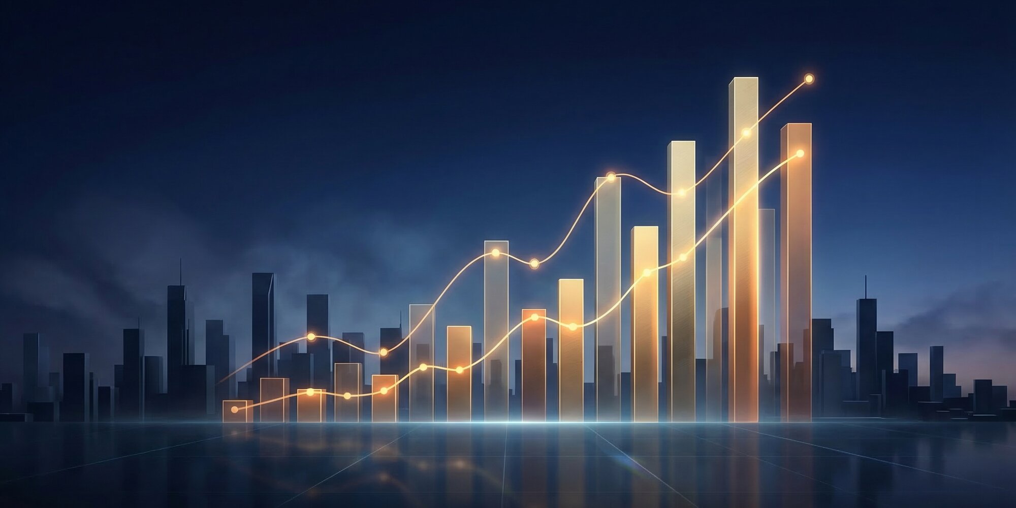 Stylized financial data visualization over a city skyline representing film industry economic growth