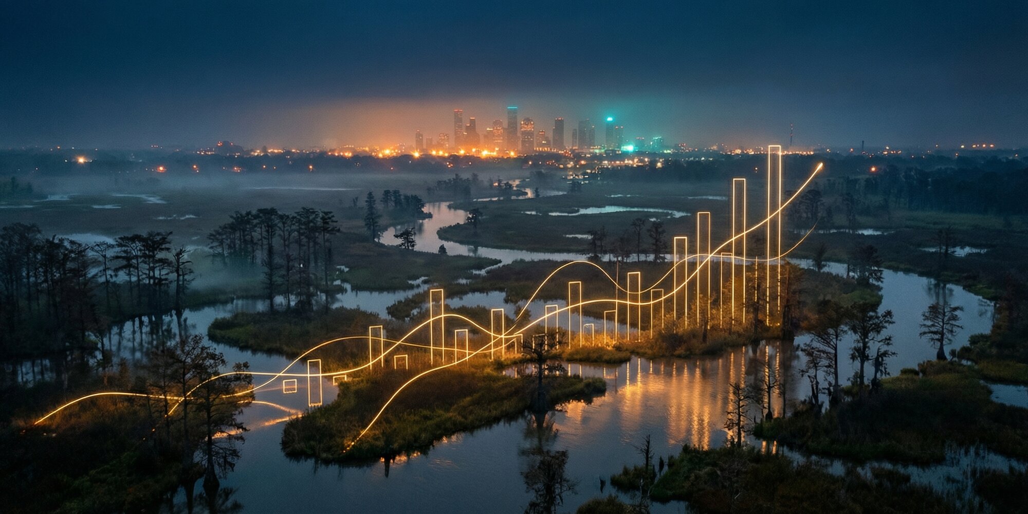 Aerial view of Louisiana bayou landscape with city skyline at dusk, stylized economic growth visualization with rising lines in golden light