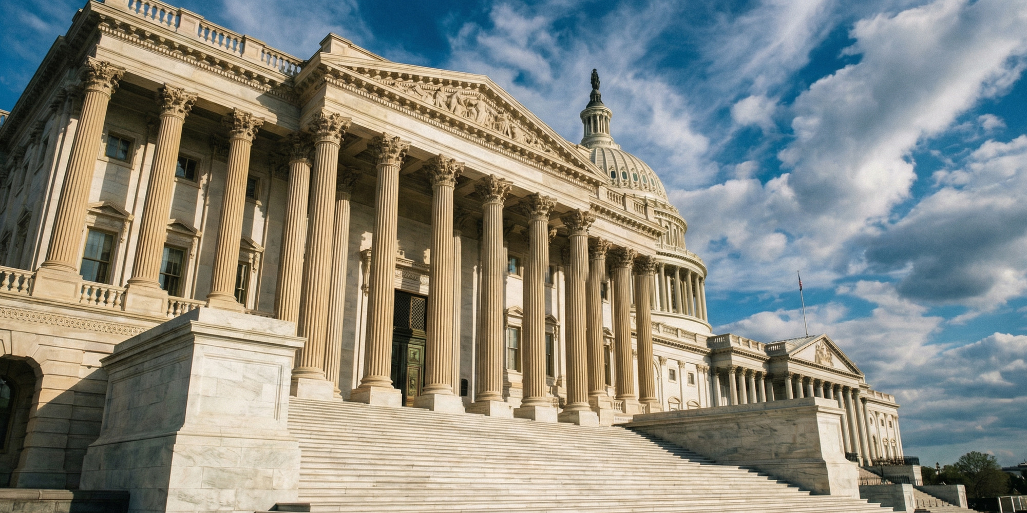 Neoclassical government legislative building with formal stone columns and dramatic sky — representing film tax credit policy architecture