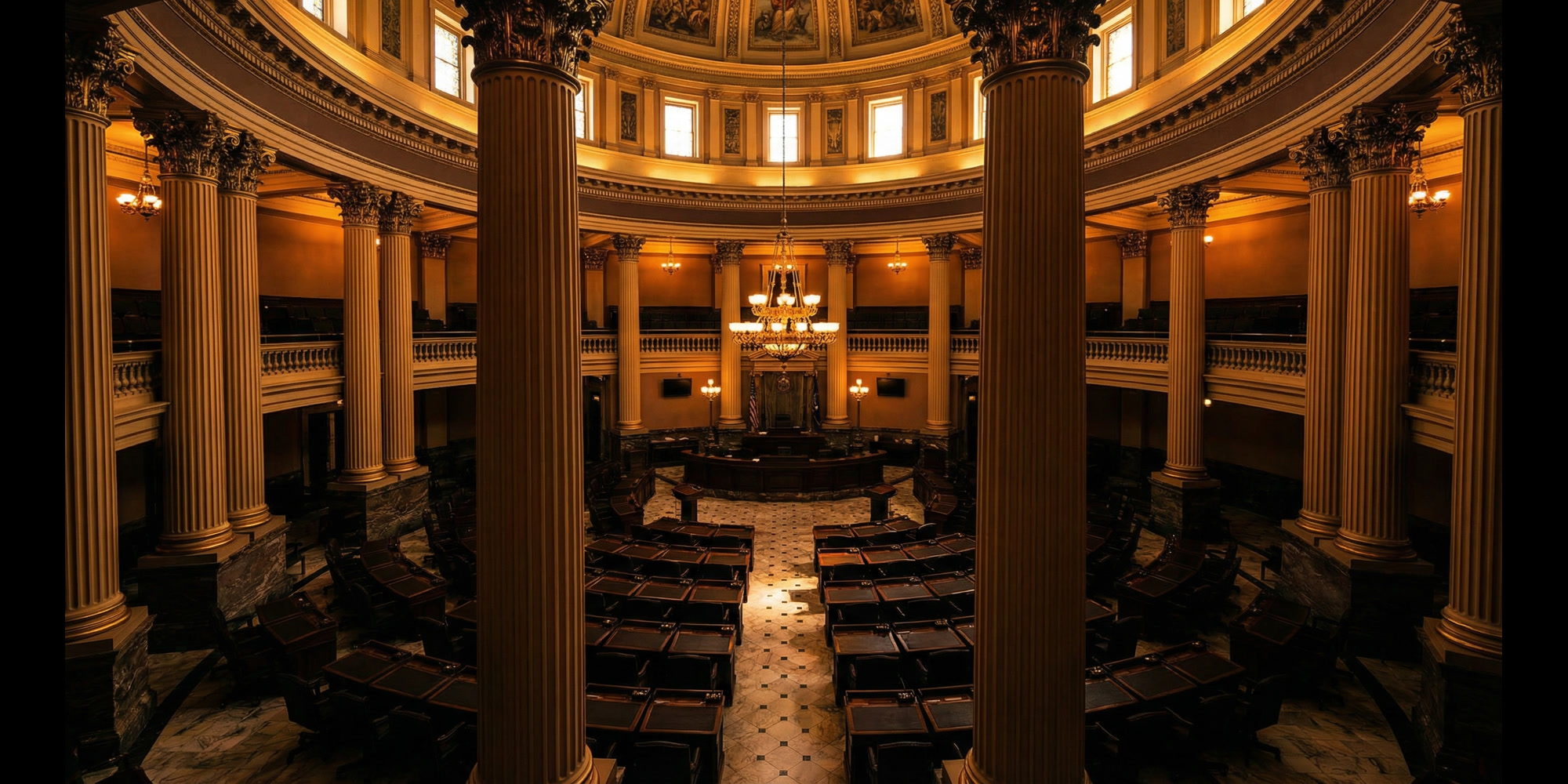 State legislative chamber interior with ornate dome architecture and marble floors, warm institutional lighting, no people