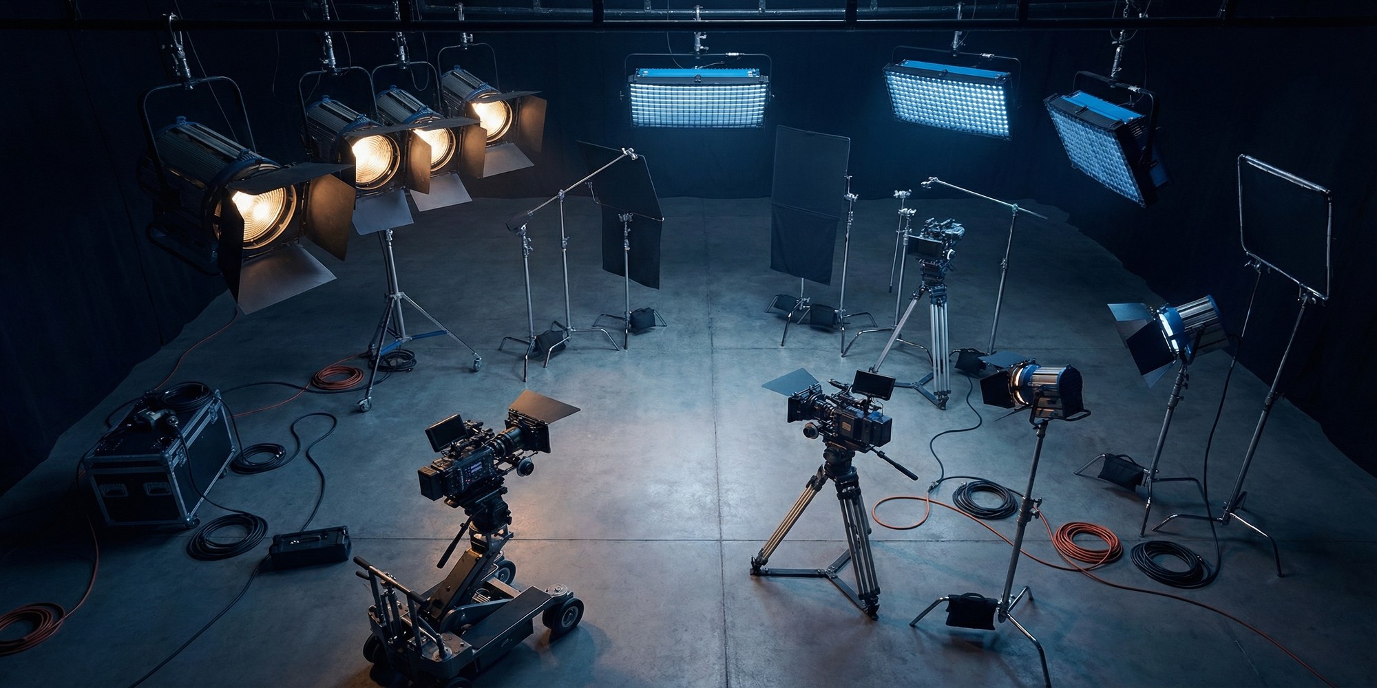 Film production equipment including cameras and lighting on a soundstage