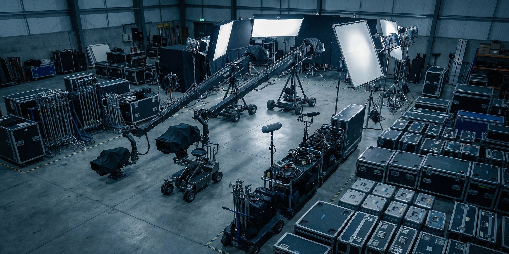Aerial view of professional film production equipment — cinema cameras, industrial lighting rigs, and grip gear on a soundstage floor