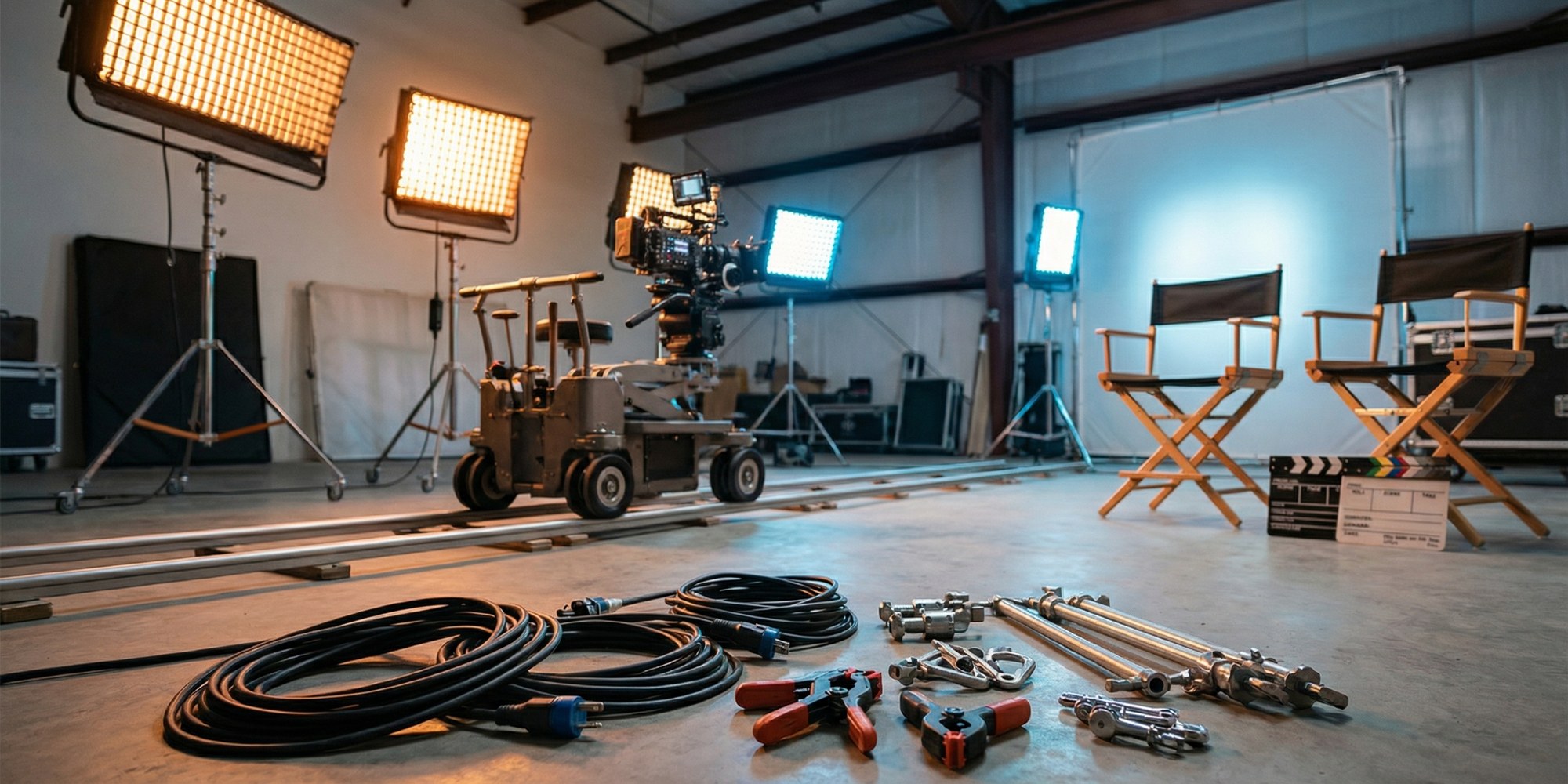 Film production equipment — cameras, lighting rigs, and cable runs on a studio floor