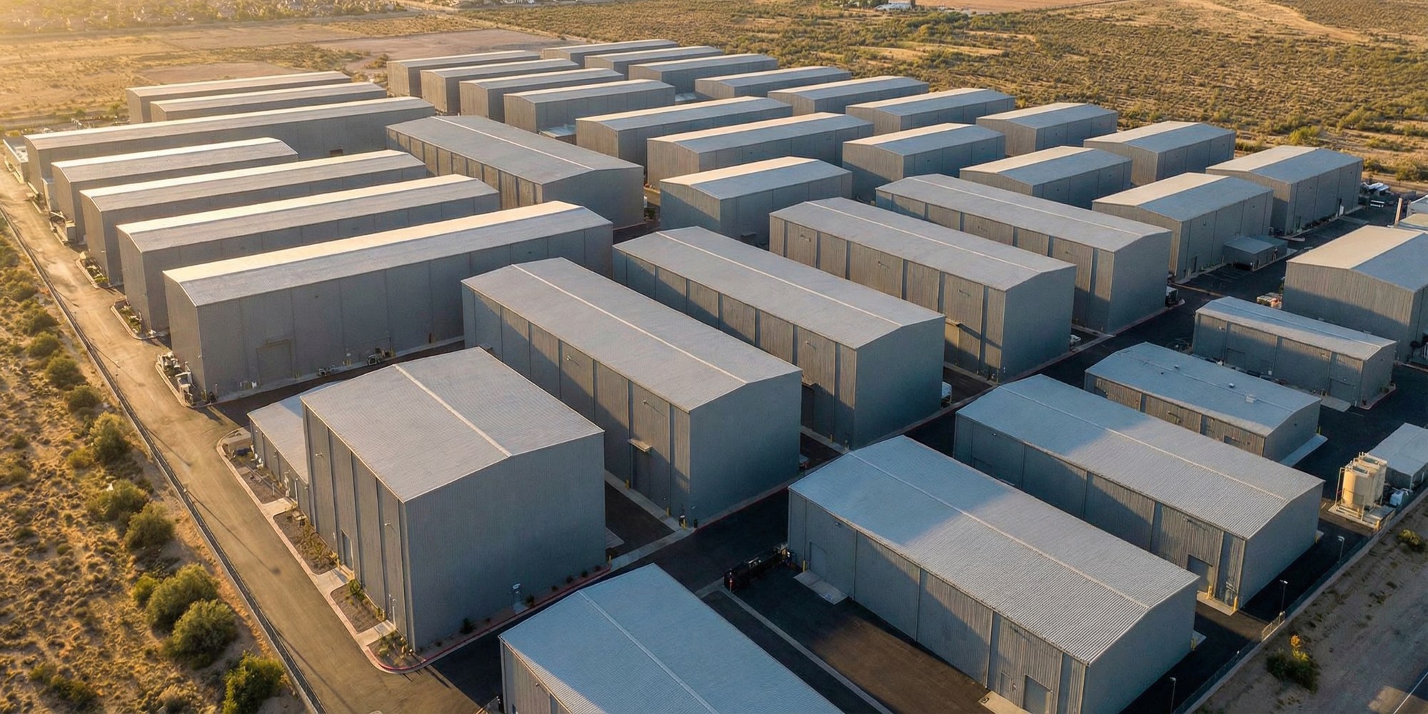 Aerial view of a large film studio campus with rows of soundstage buildings at golden hour, no people