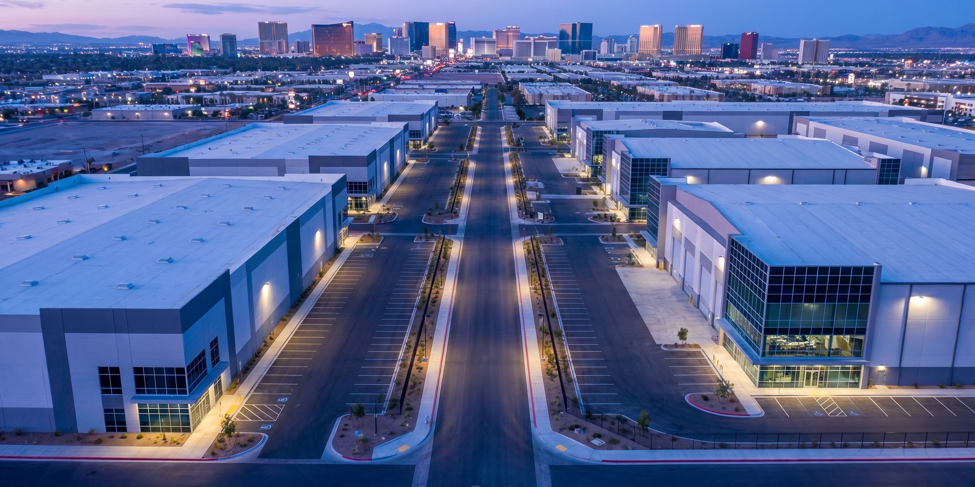 Aerial view of Las Vegas business district and film-ready industrial corridors at dusk