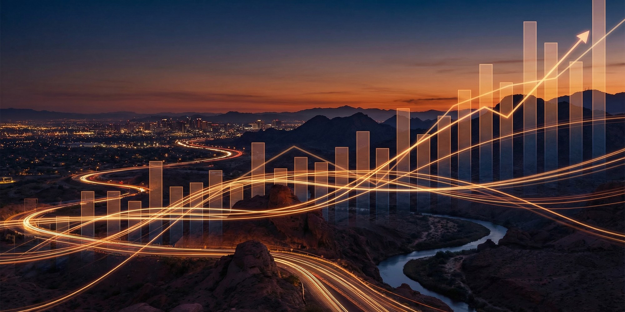 Stylized financial data visualization over a desert city skyline at dusk, representing film industry economic multiplier analysis
