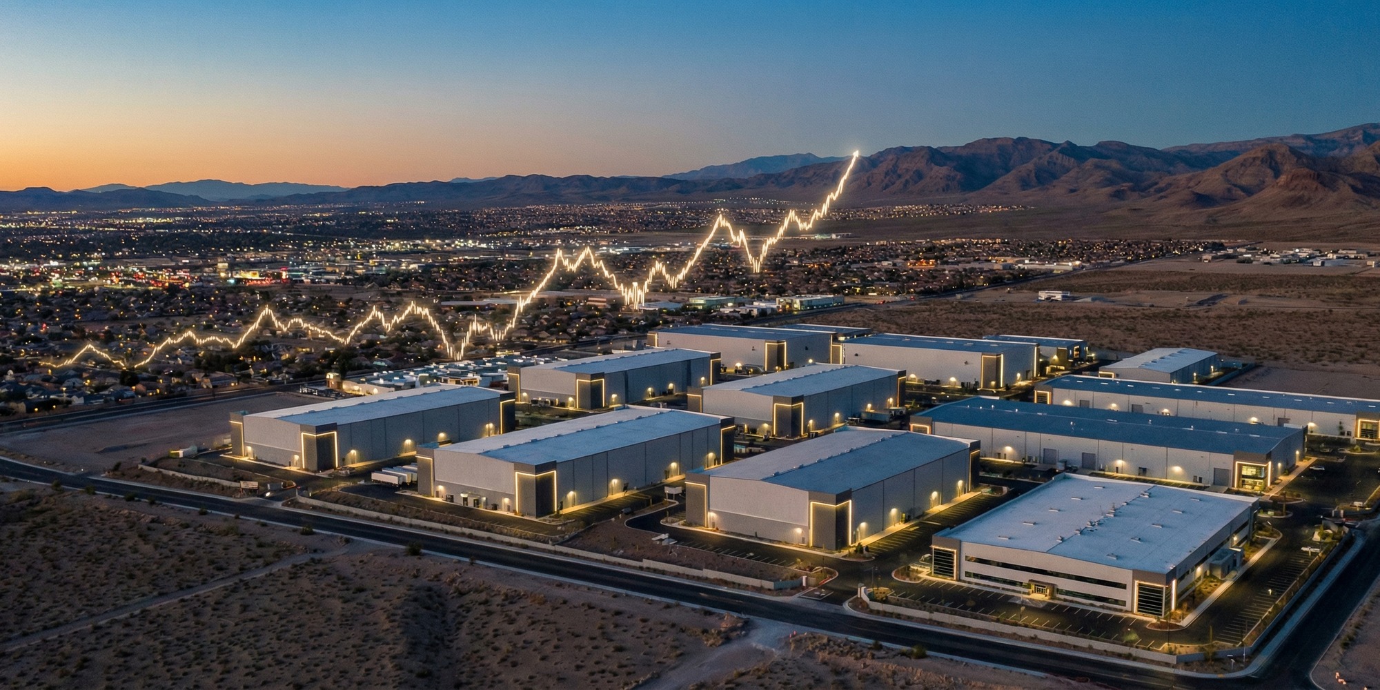 Wide aerial view of film soundstages and industrial production facilities near the Las Vegas valley at dusk