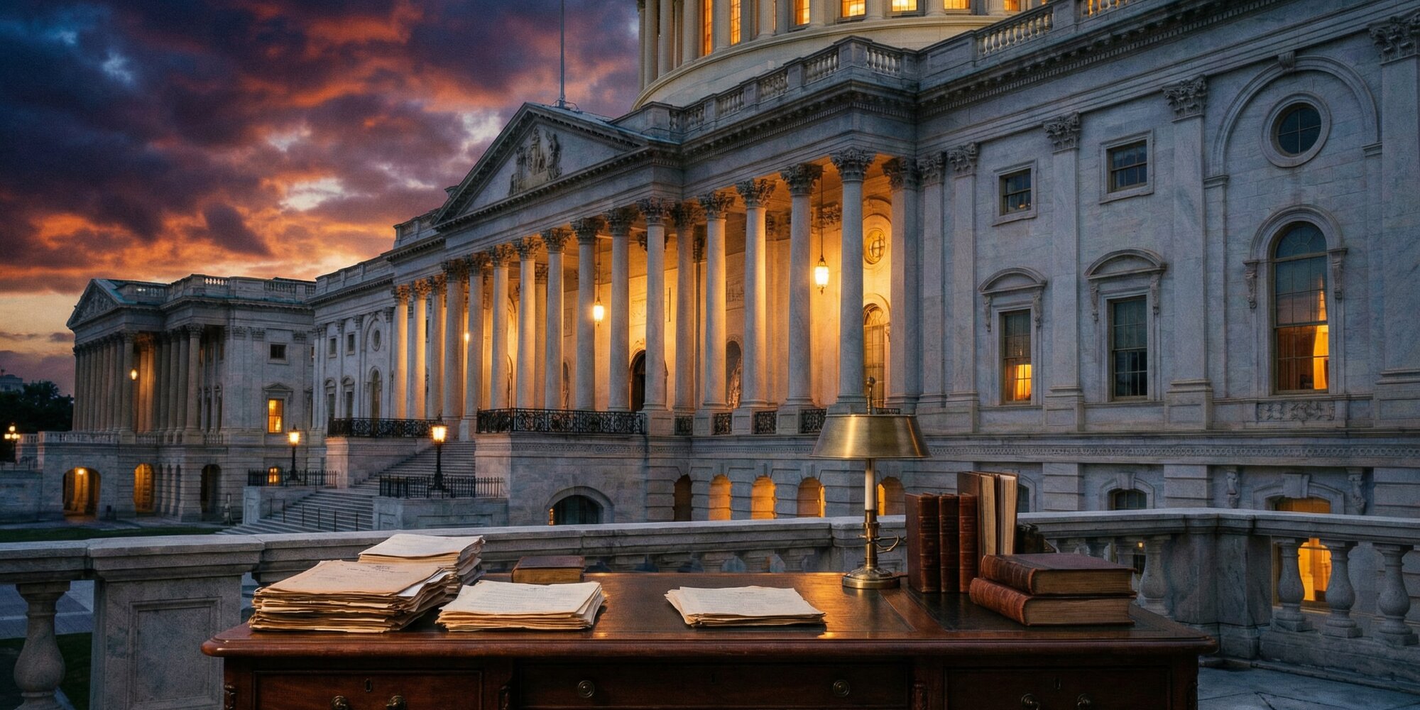 Government building exterior with classical columns at dusk, symbolizing legislative policy permanence and long-term film tax credit commitment