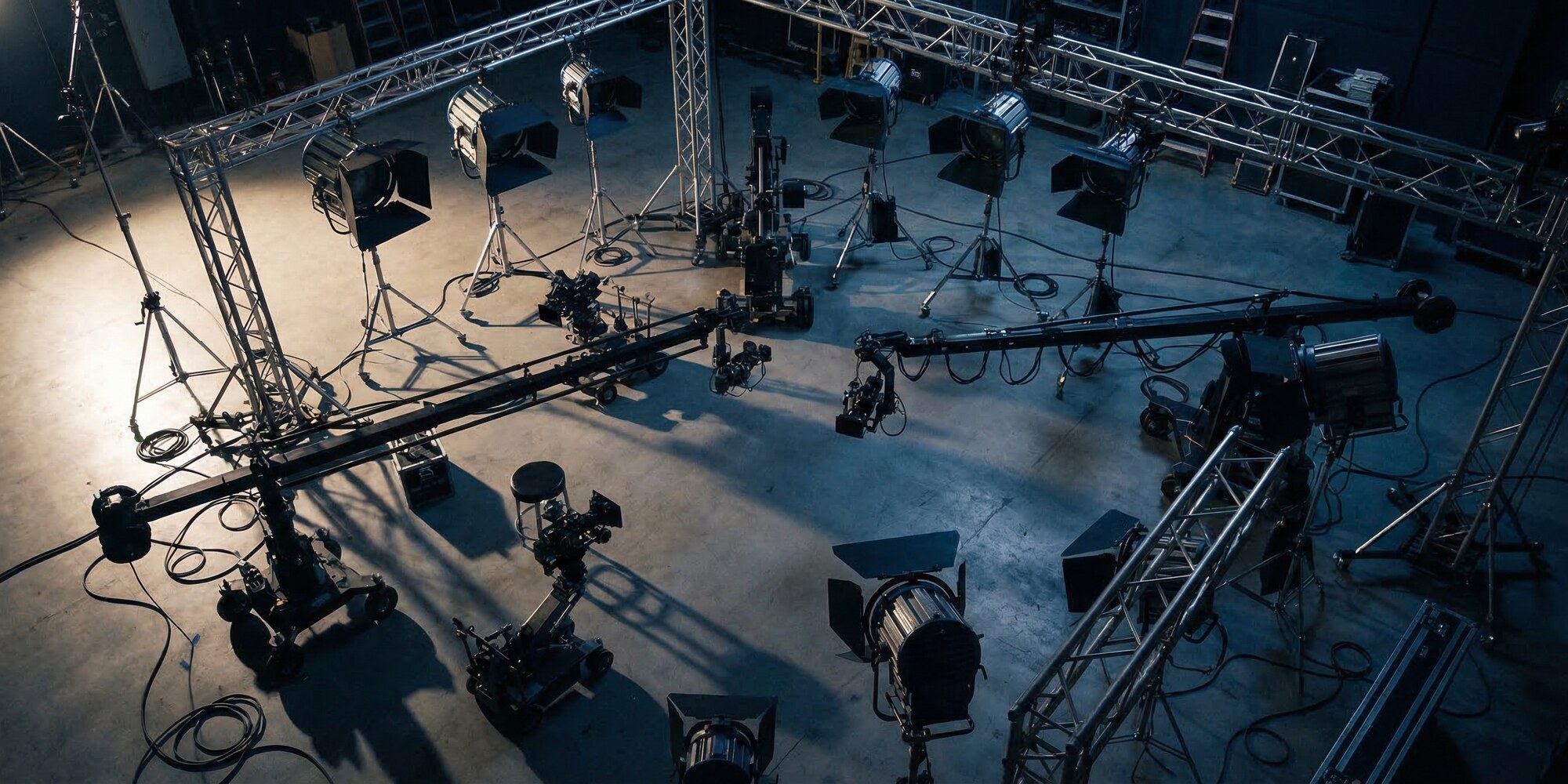 Cinematic aerial view of professional film production equipment — cameras, cinema lights, rigging, and grip gear arranged on a soundstage floor
