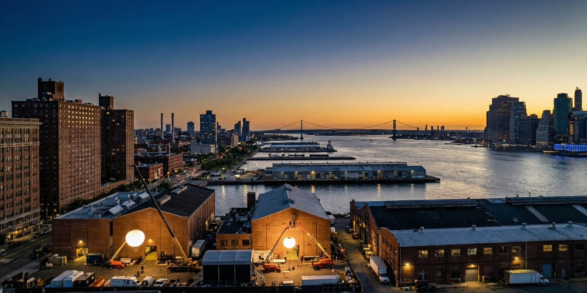 Cinematic aerial view of an American city waterfront skyline at dusk, with film production infrastructure visible below, dramatic lighting and no people