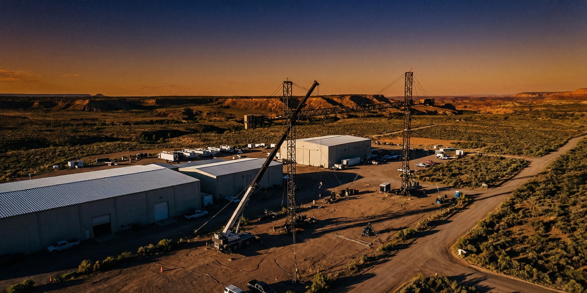 Aerial view of Southwestern desert landscape with film production infrastructure
