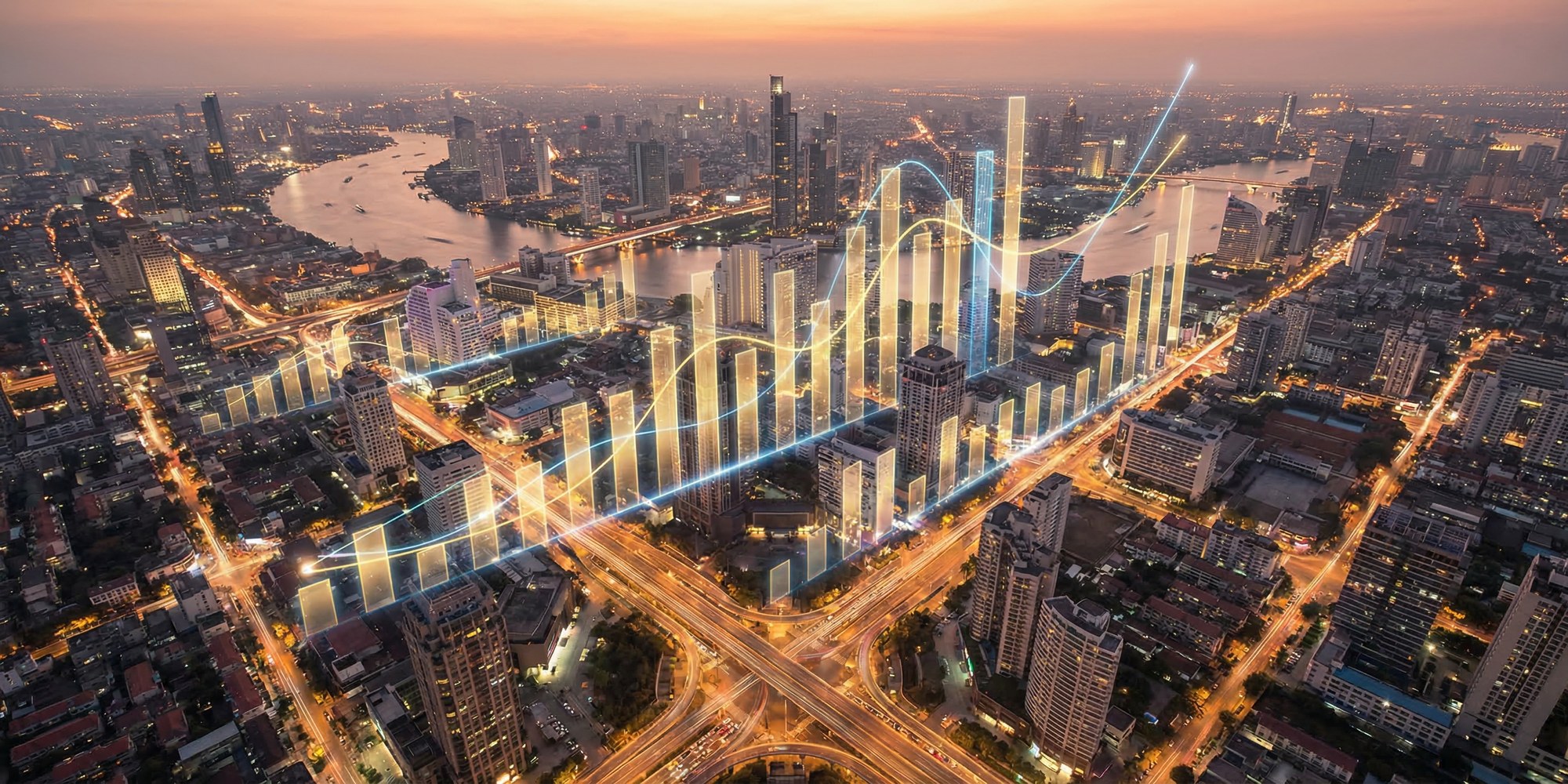 Stylized financial growth chart overlaid on a glowing city skyline at dusk, representing the economic expansion driven by film industry investment
